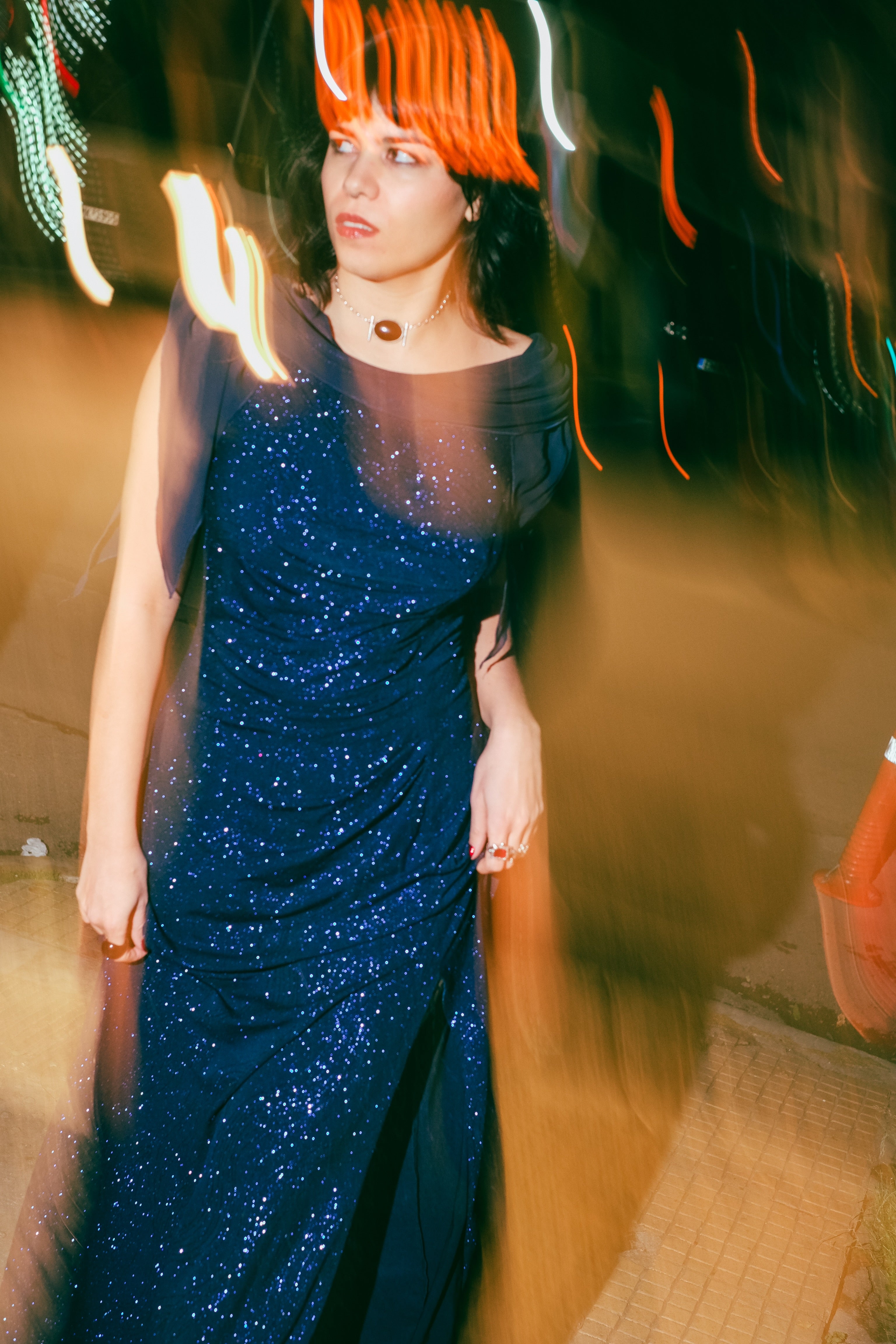 Vintage navy glitter evening gown with sheer shawl sleeves (XL)