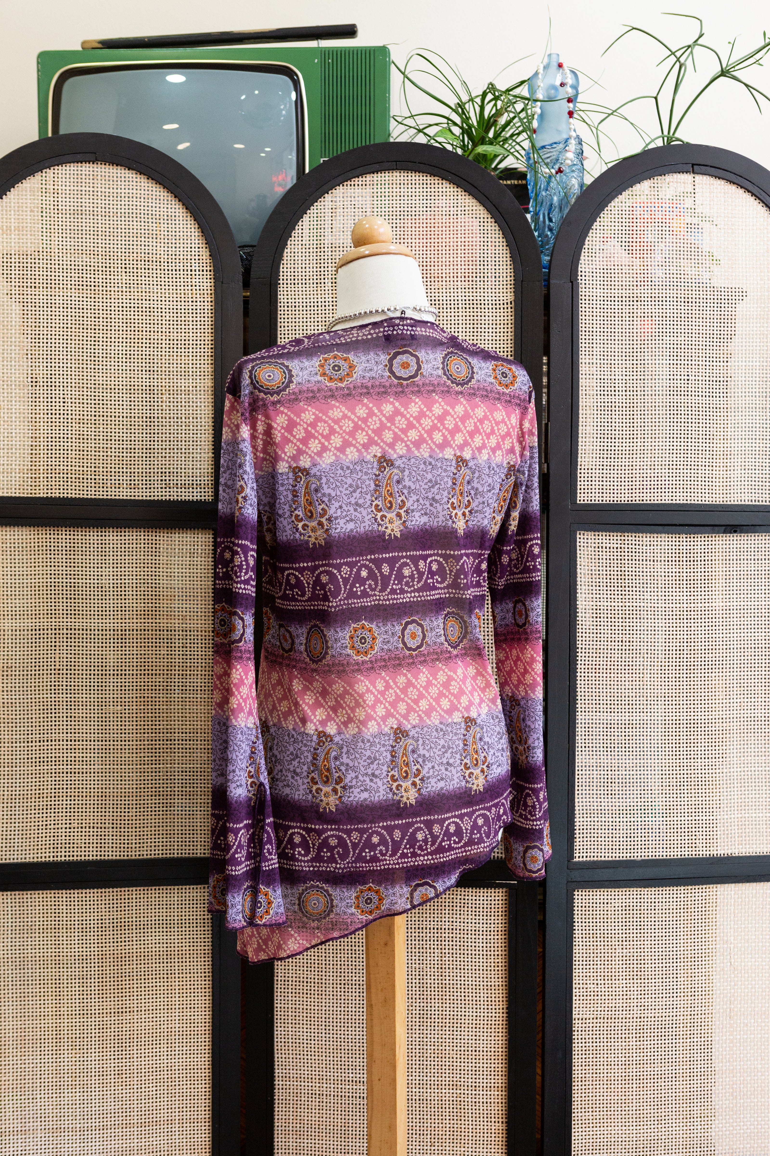 Boho Dreams Vintage Top – 90s Asymmetrical Paisley Blouse in Purple & Pink