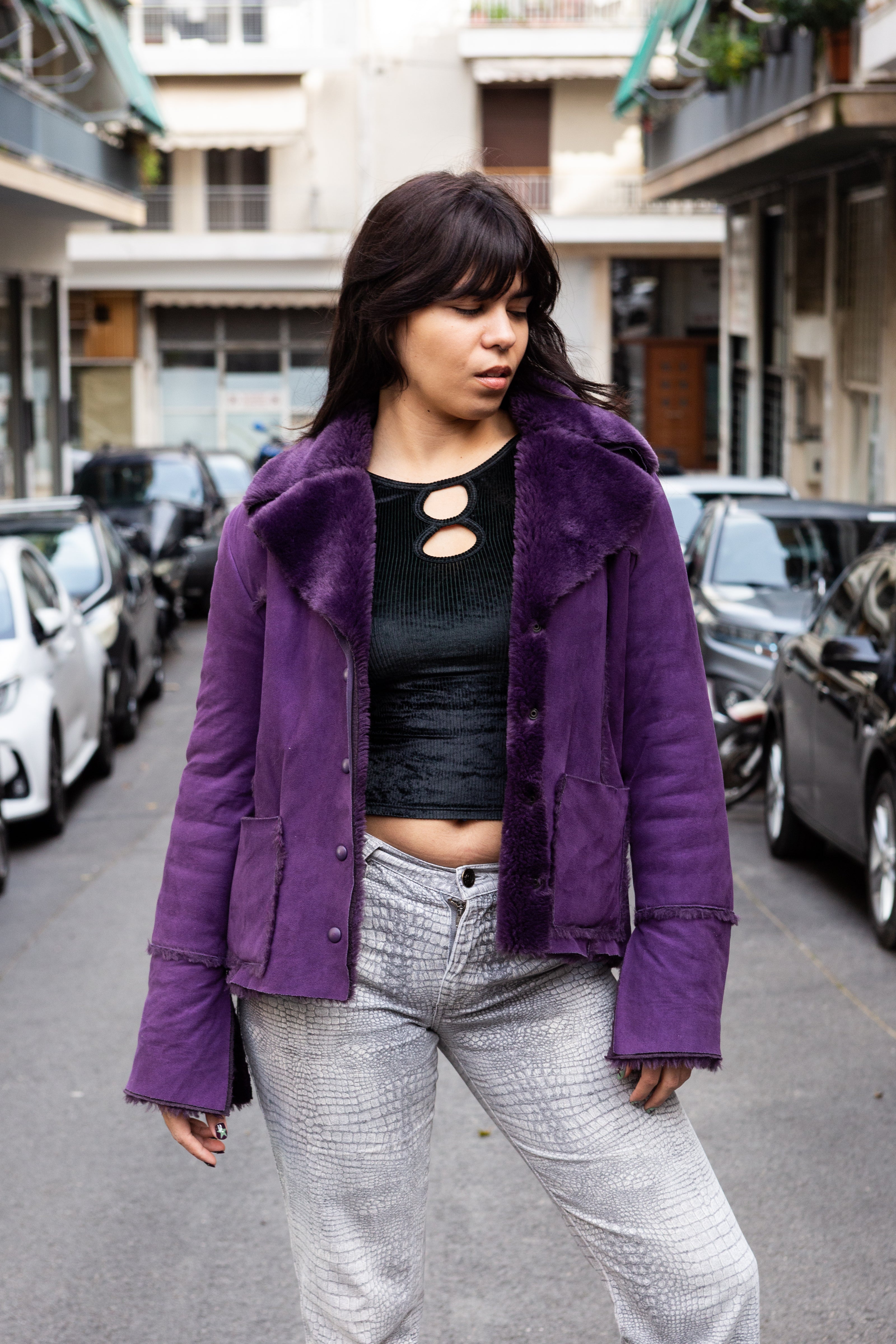 Gorgeous faux purple suede shearling jacket (L)