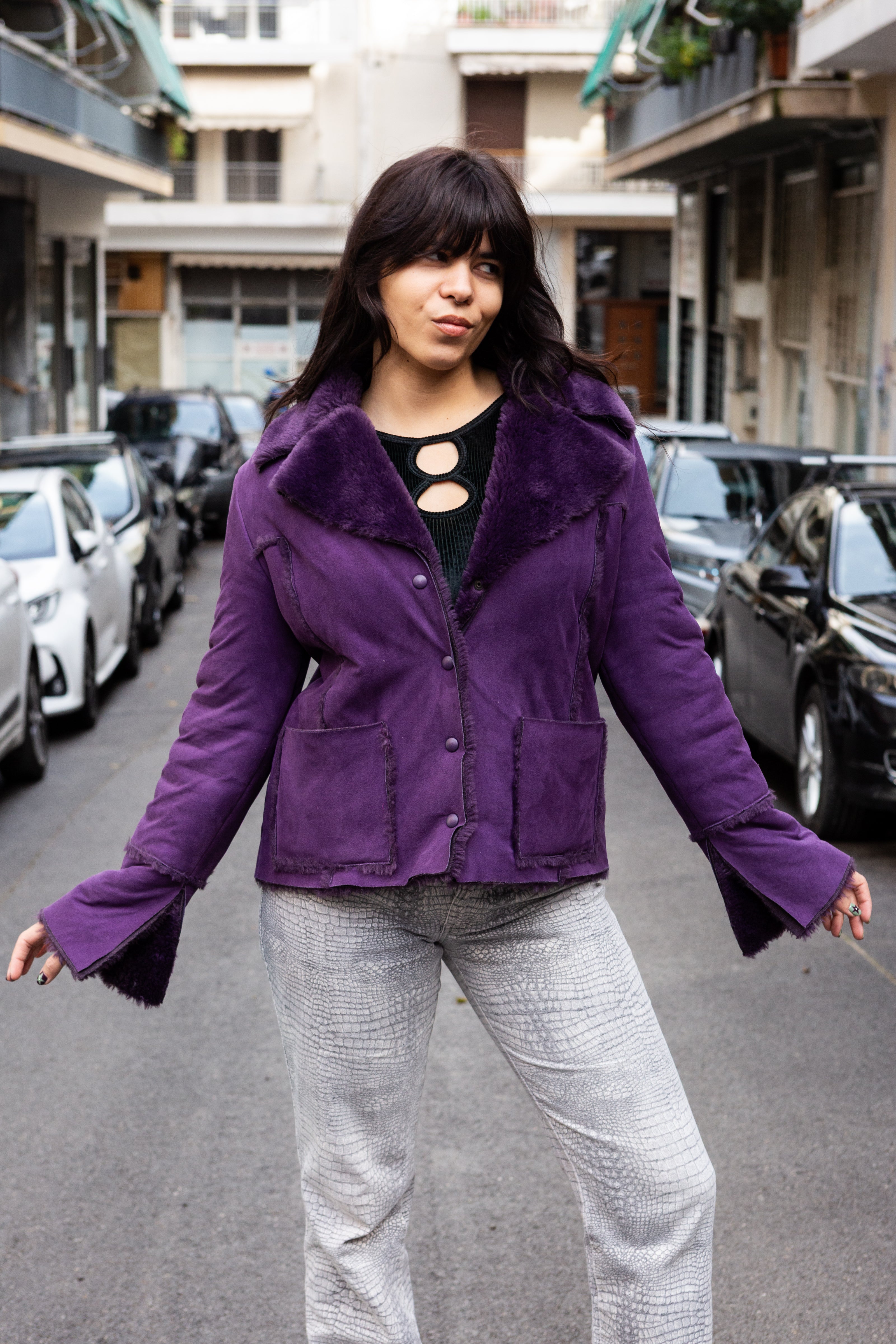 Gorgeous faux purple suede shearling jacket (L)