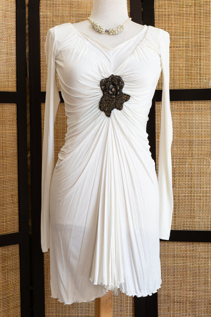 Deadstock Elegant Draped Mini Dress with Beaded Floral Appliqué