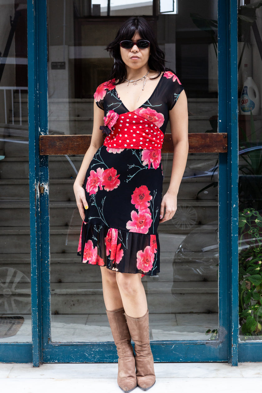 Vintage two-patterned floral dress (S)