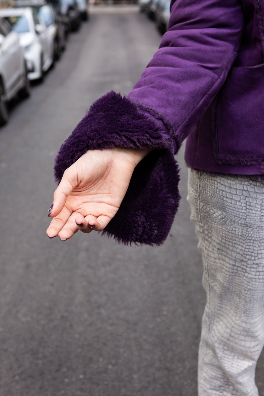 Gorgeous faux purple suede shearling jacket (L)