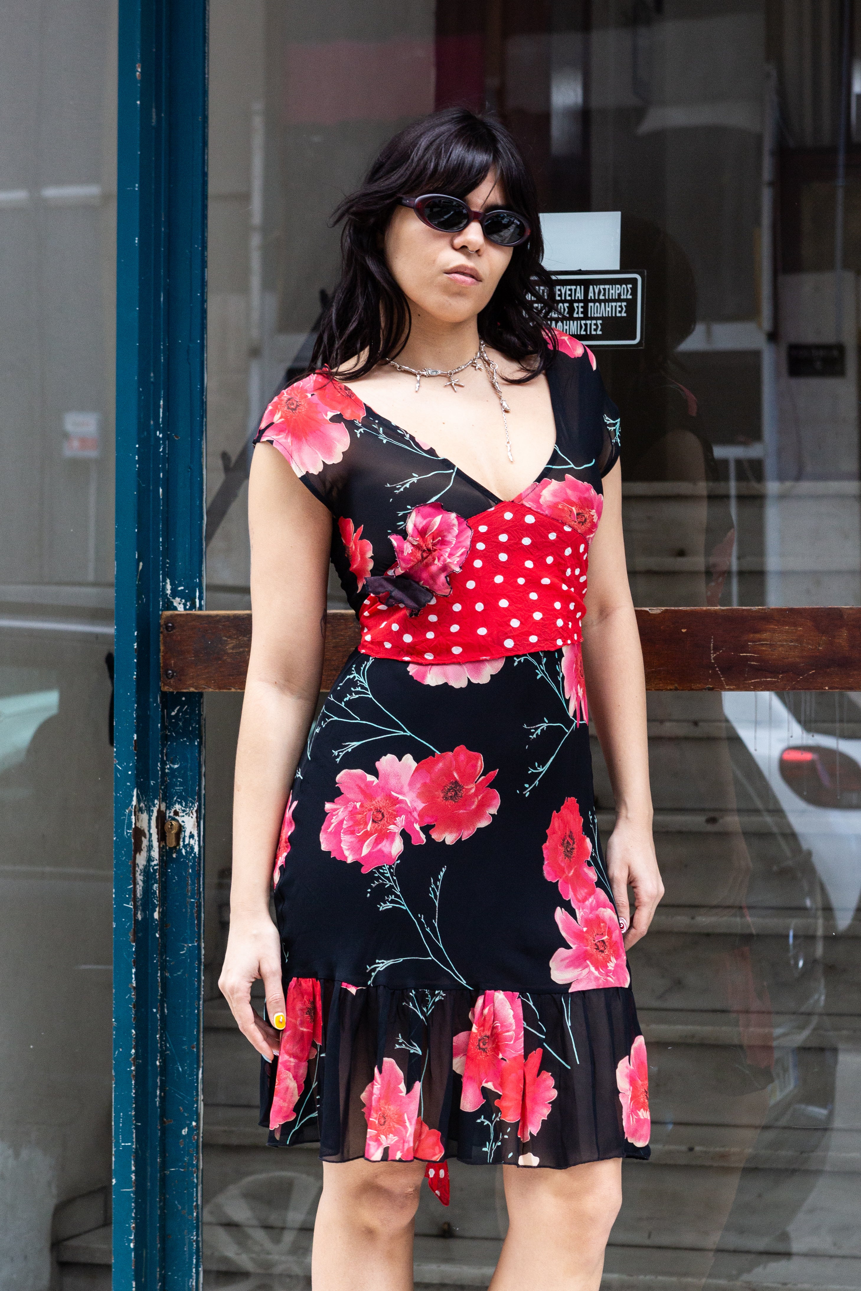 Vintage two-patterned floral dress (S)