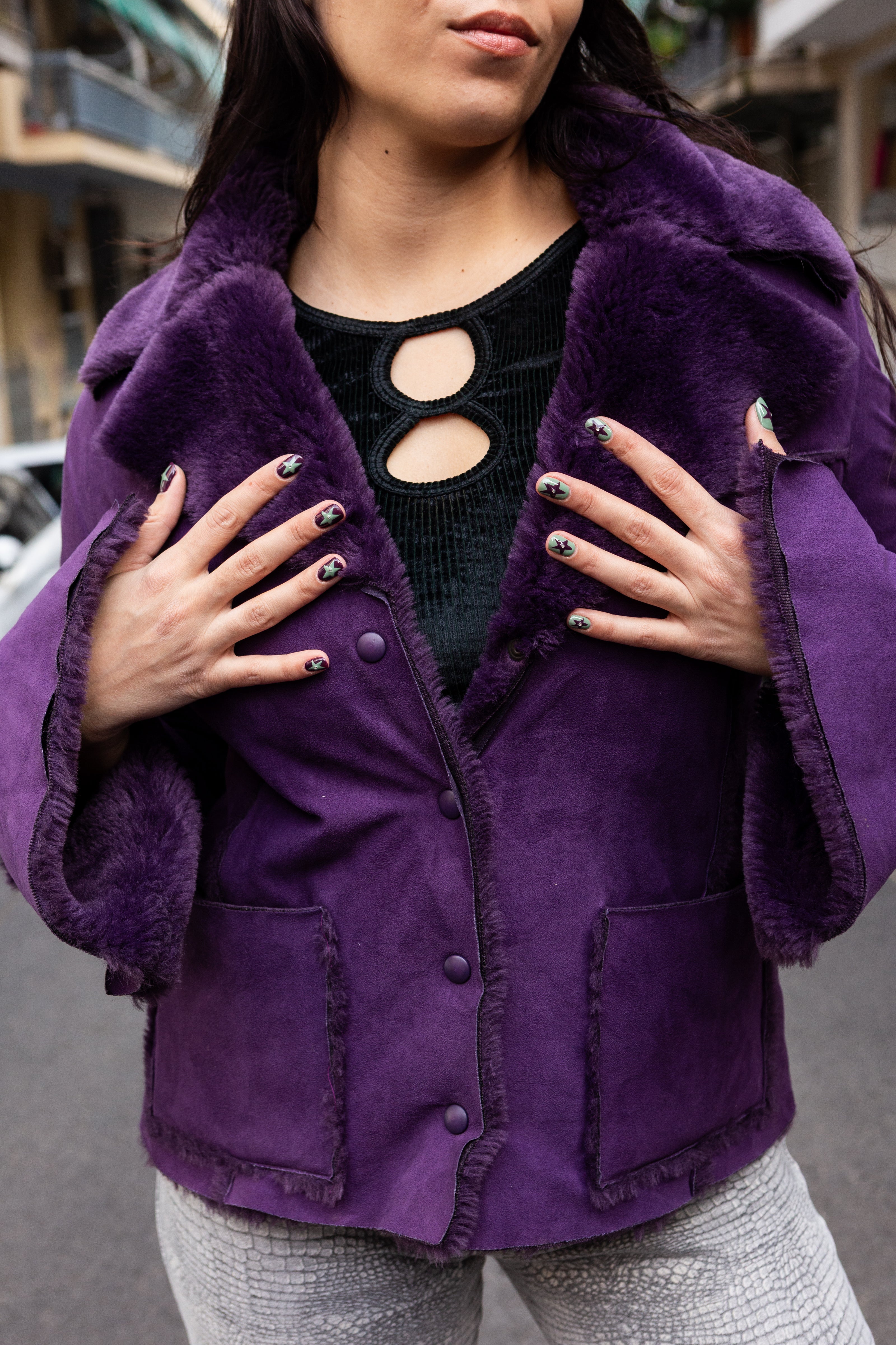 Gorgeous faux purple suede shearling jacket (L)