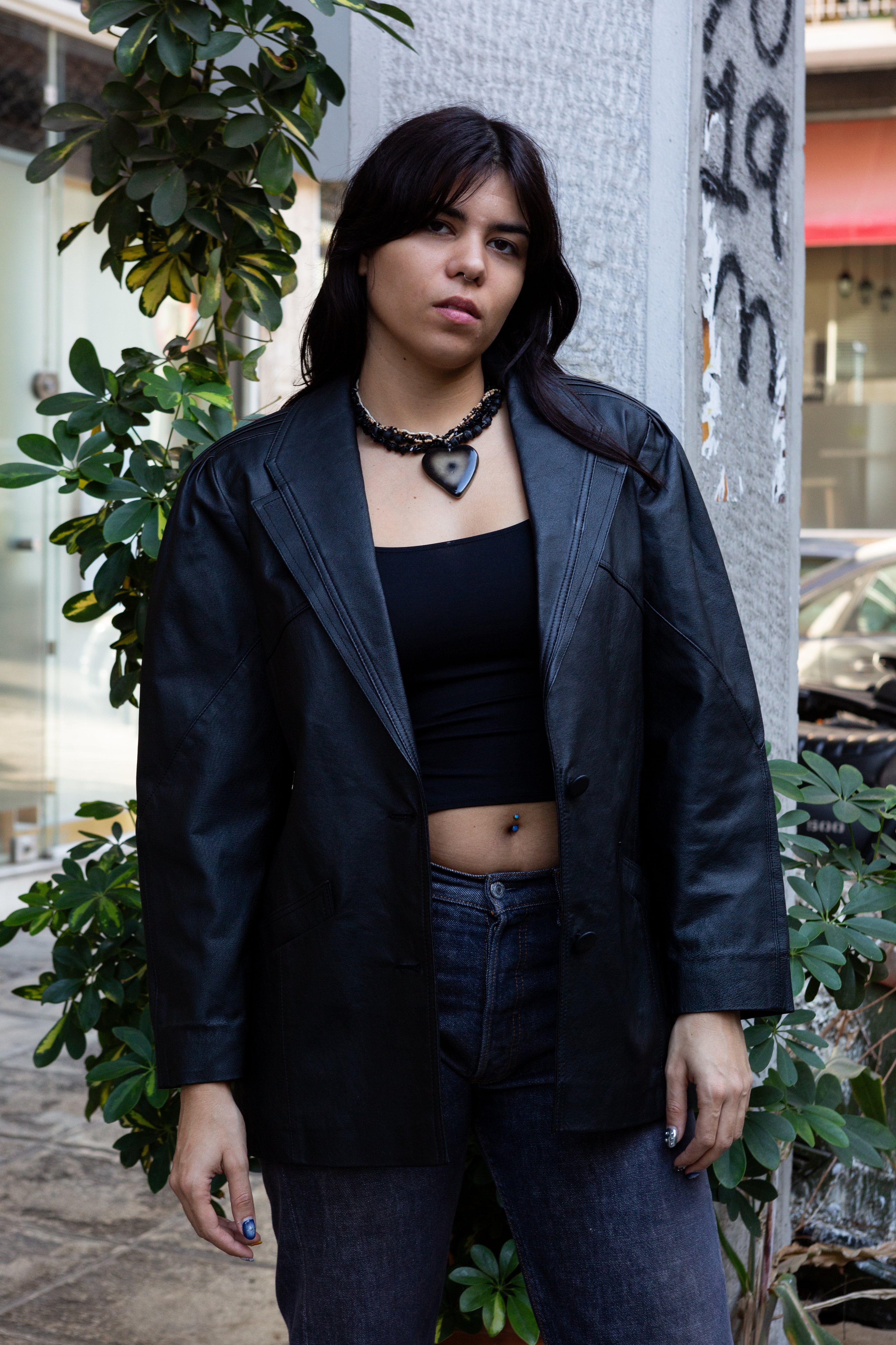 Vintage genuine leather balck jacket with shoulder pads (S/M)