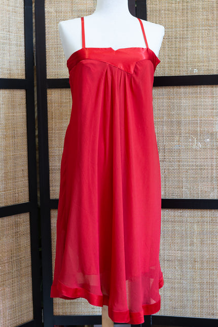 Deadstock Red Satin Babydoll Slip Dress – Sheer Overlay with Spaghetti Straps