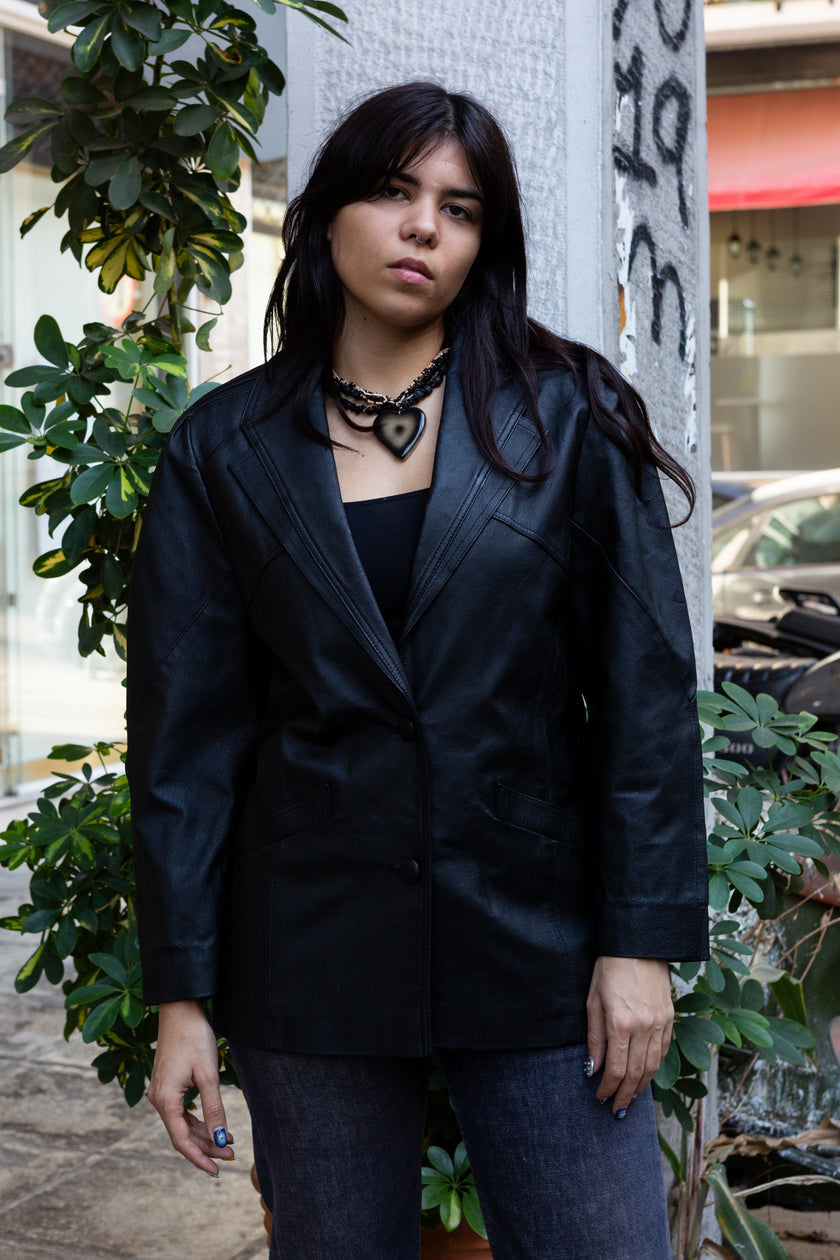 Vintage genuine leather balck jacket with shoulder pads (S/M)