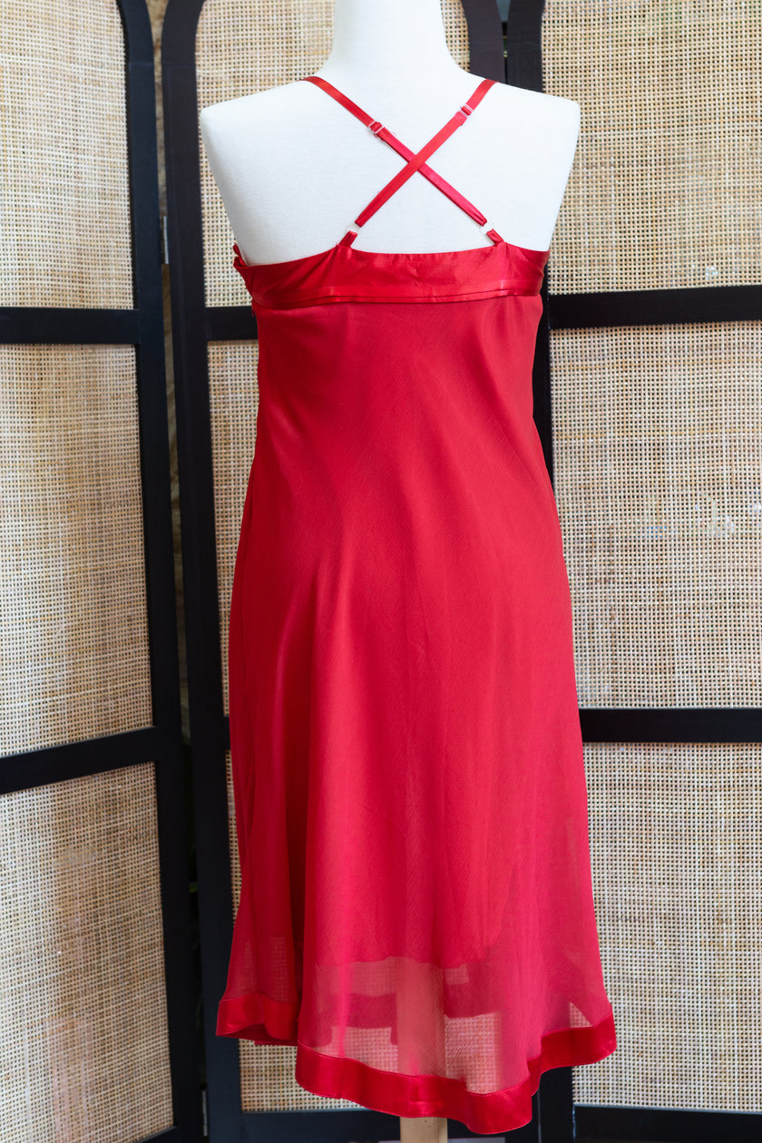 Deadstock Red Satin Babydoll Slip Dress – Sheer Overlay with Spaghetti Straps