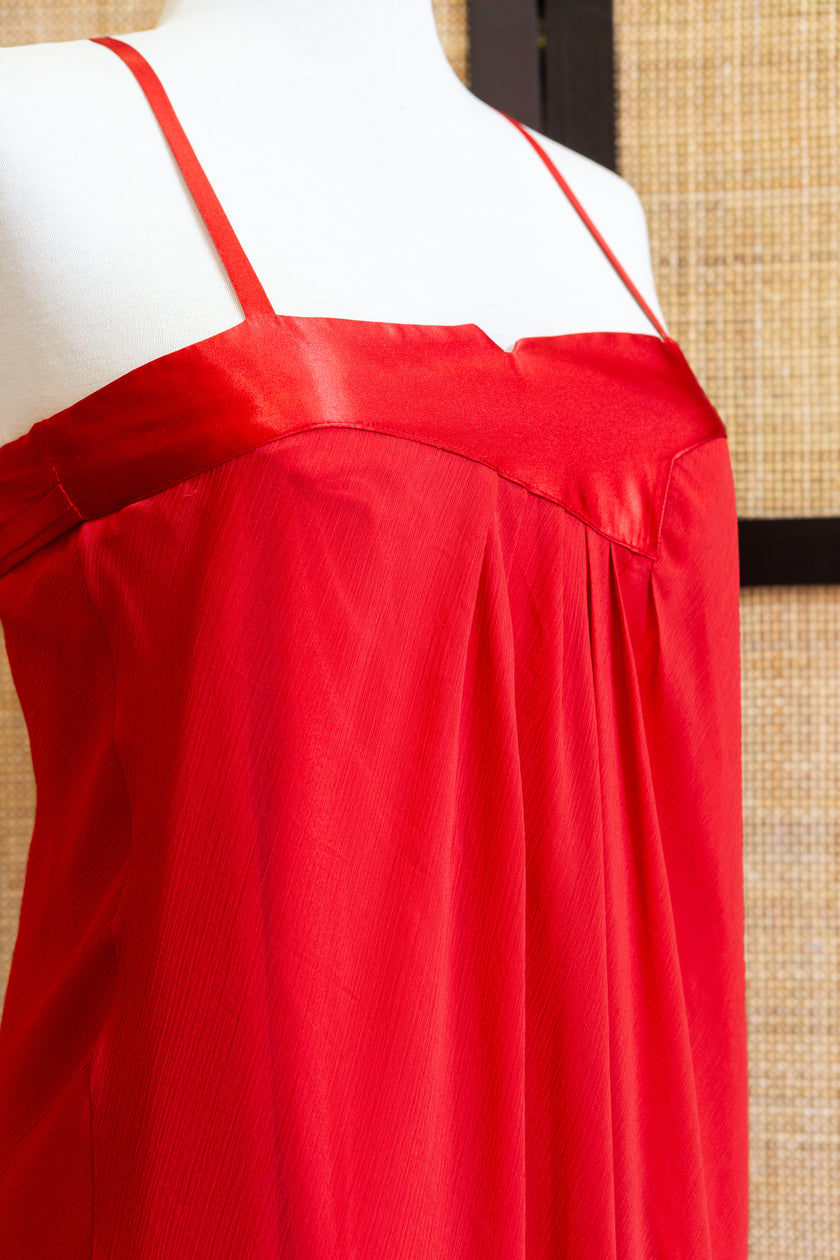 Deadstock Red Satin Babydoll Slip Dress – Sheer Overlay with Spaghetti Straps