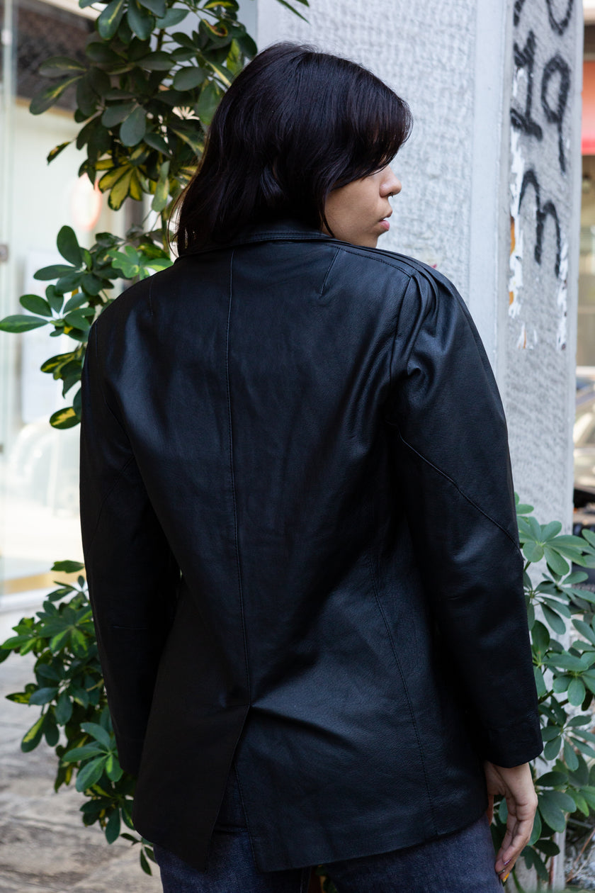 Vintage genuine leather balck jacket with shoulder pads (S/M)