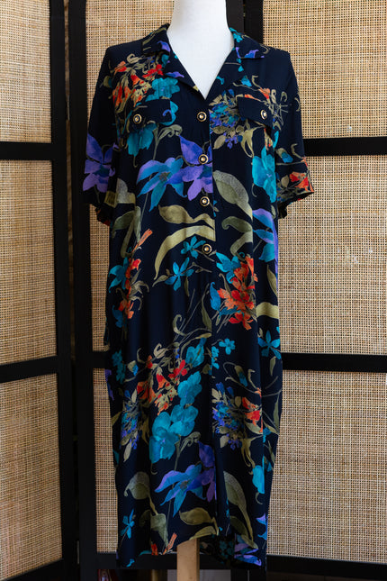 G-PLAYS Vintage Navy Floral Button-Up Shirt Dress – Tropical Print with Gold Accent Buttons