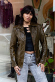 Vintage olive green leather fitted blazer jacket (S)