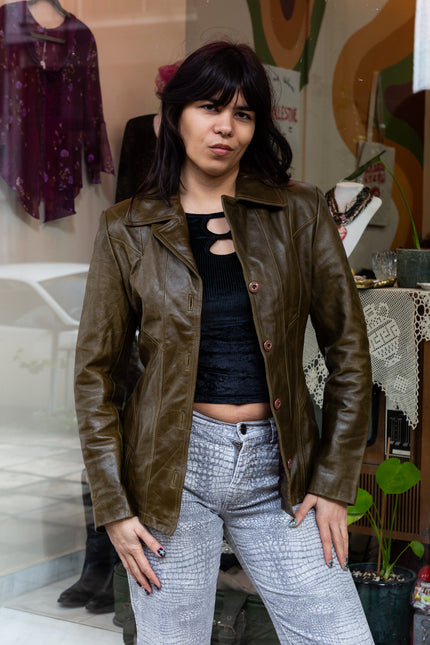 Vintage olive green leather fitted blazer jacket (S)