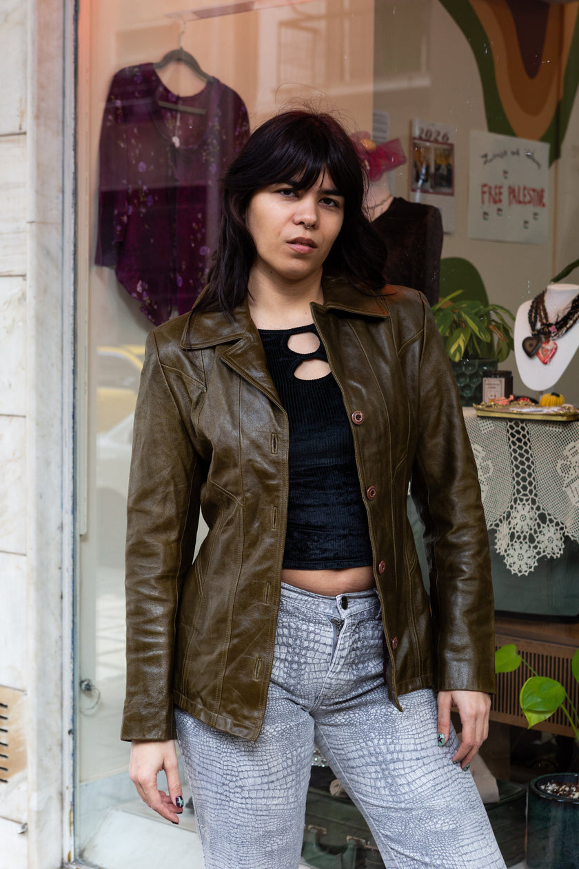 Vintage olive green leather fitted blazer jacket (S)