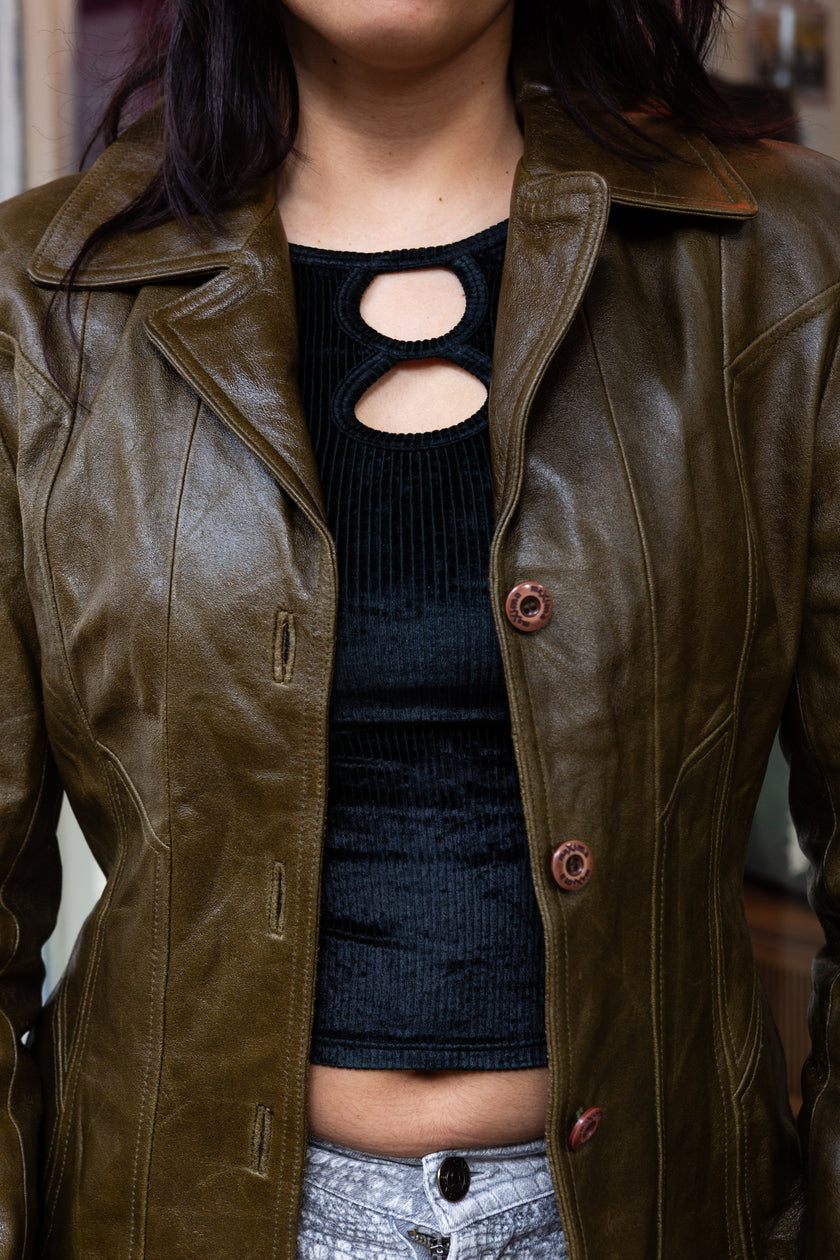 Vintage olive green leather fitted blazer jacket (S)