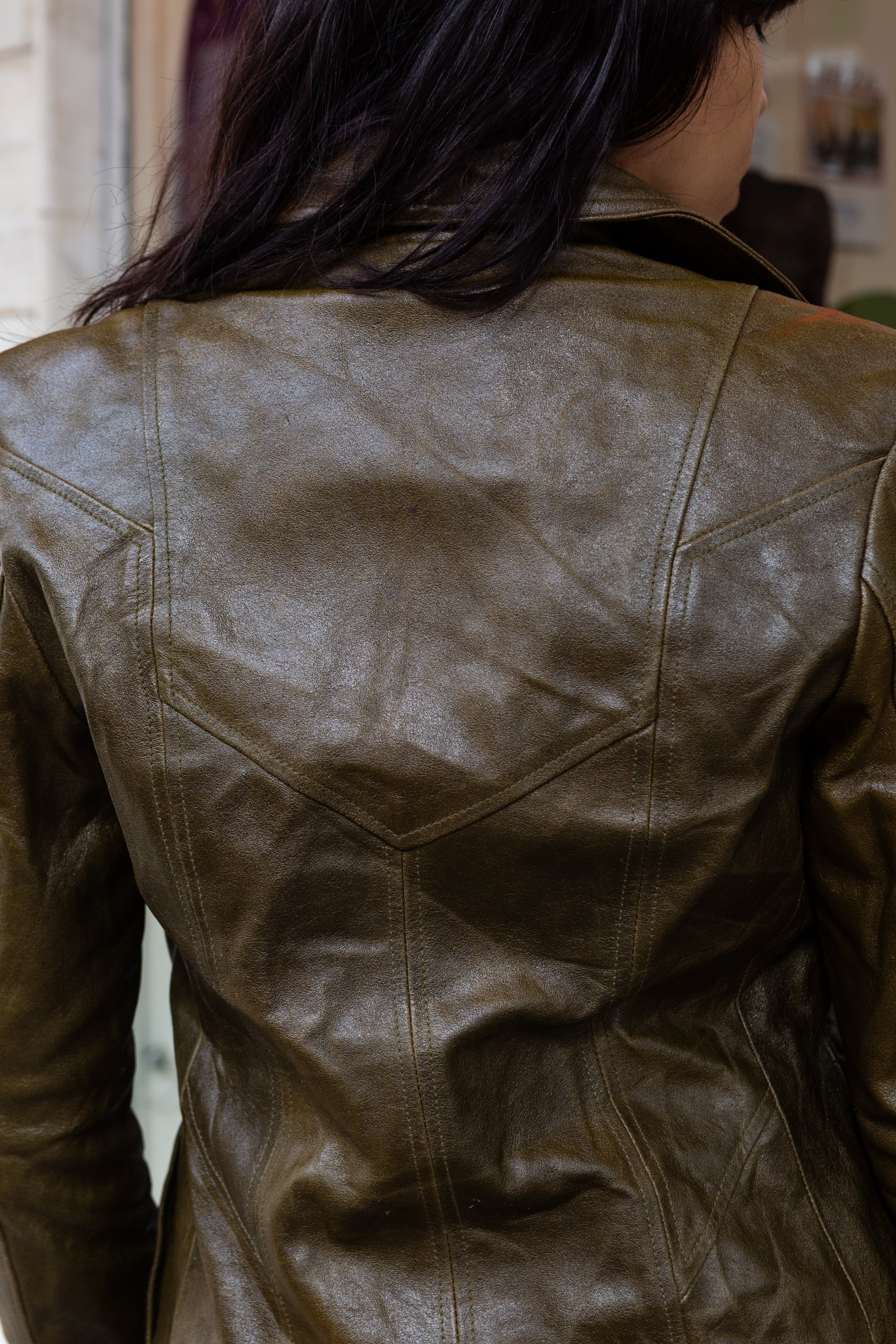 Vintage olive green leather fitted blazer jacket (S)