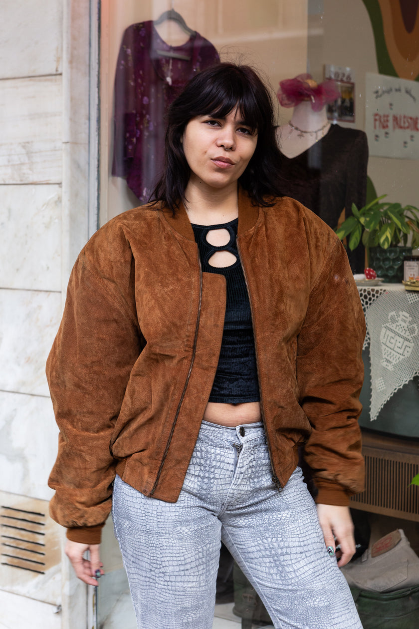 Vintage Men's genuine suede bomber jacket with warm lining (L)