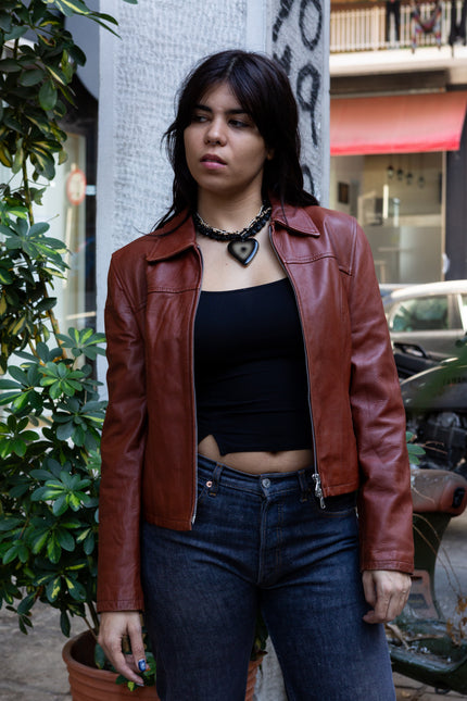 Vintage terracotta red-brown genuine leather jacket (S/M)