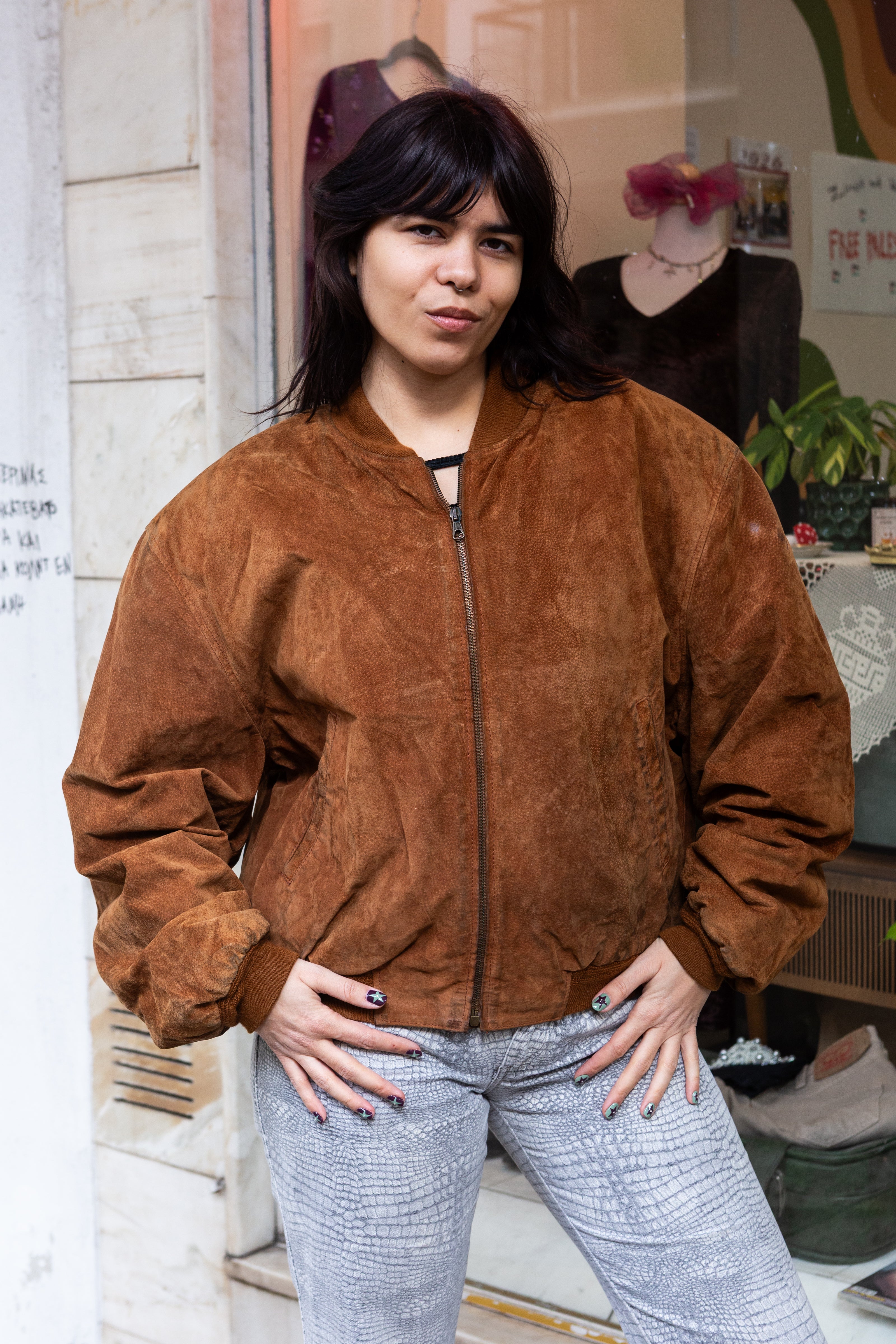 Vintage Men's genuine suede bomber jacket with warm lining (L)