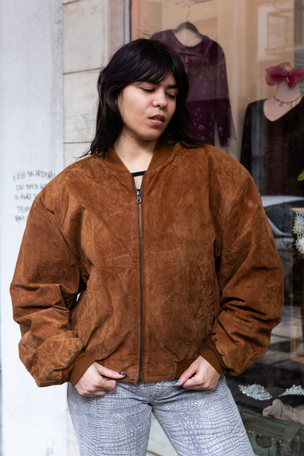 Vintage Men's genuine suede bomber jacket with warm lining (L)