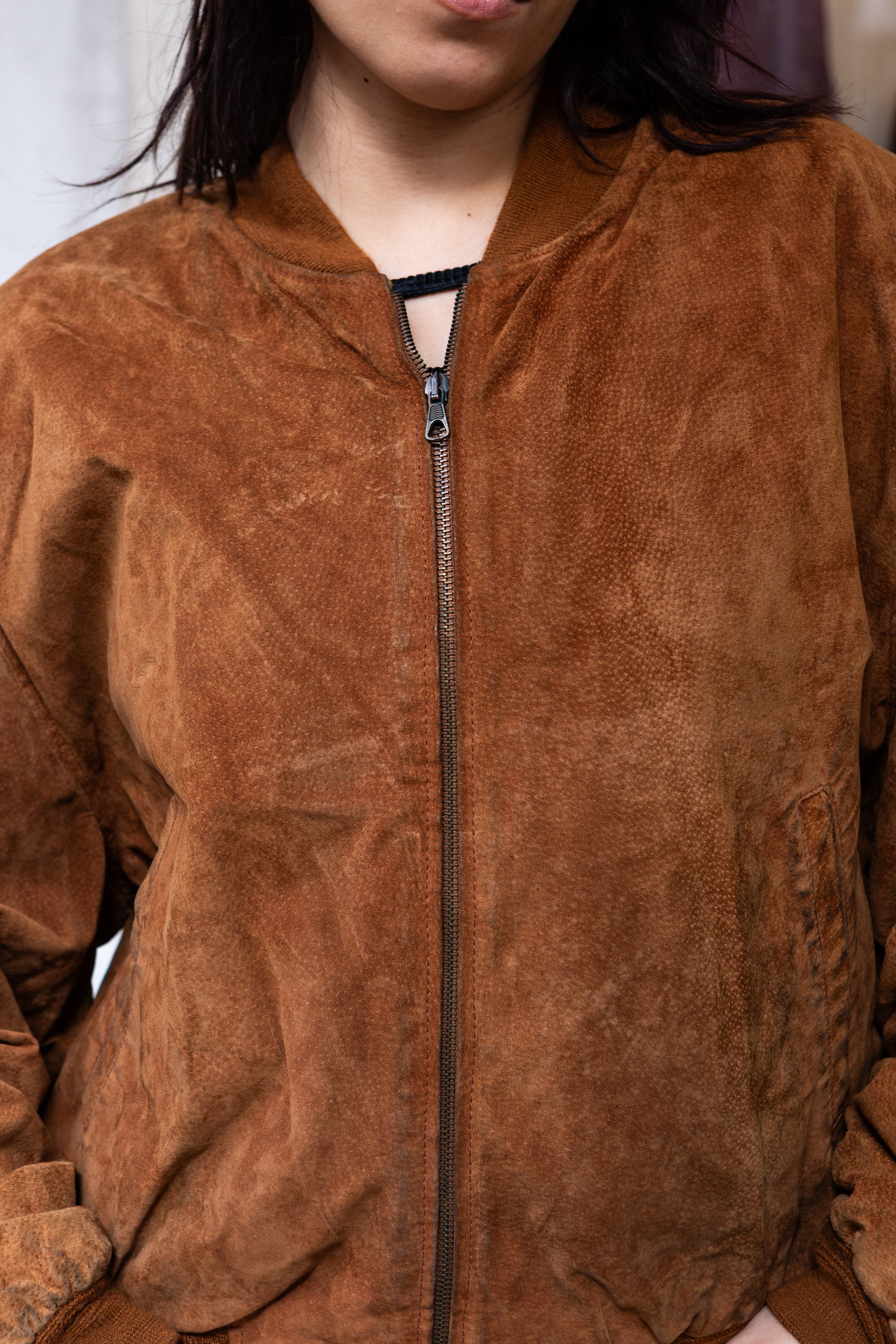 Vintage Men's genuine suede bomber jacket with warm lining (L)