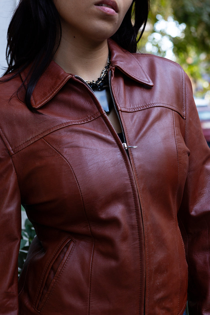 Vintage terracotta red-brown genuine leather jacket (S/M)