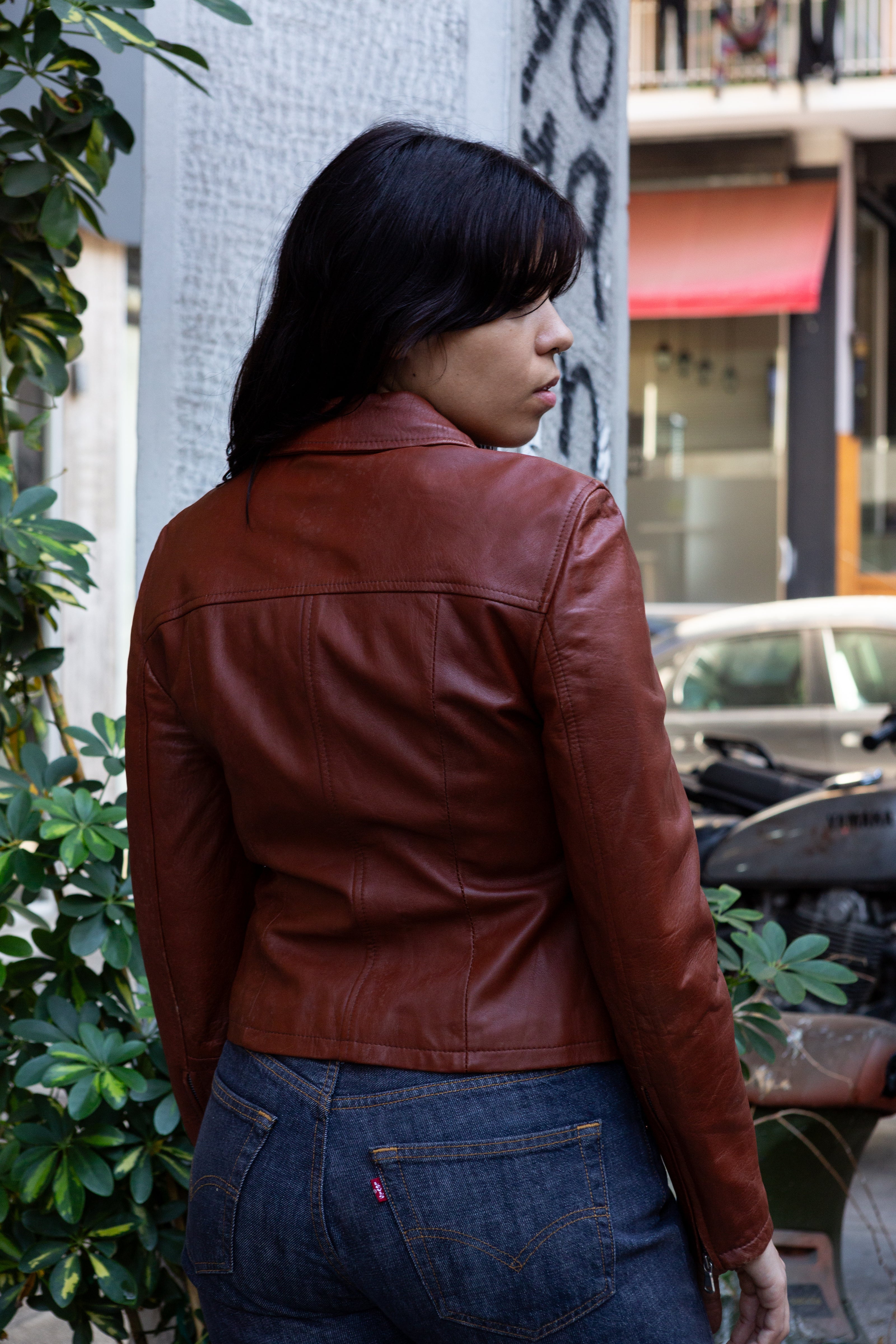 Vintage terracotta red-brown genuine leather jacket (S/M)