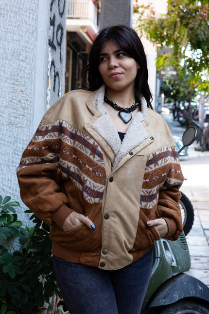Vintage 1980s Shearling-Lined Aztec Print Jacket