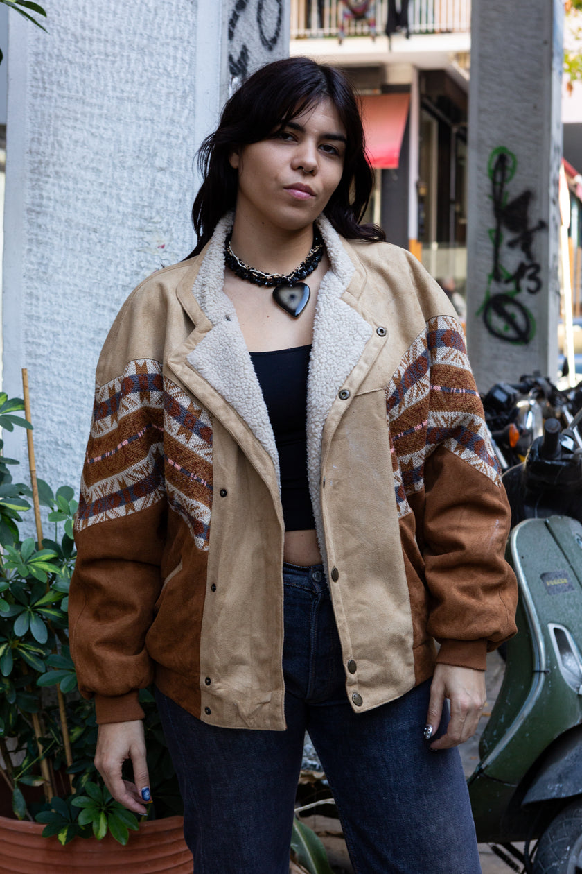 Vintage 1980s Shearling-Lined Aztec Print Jacket