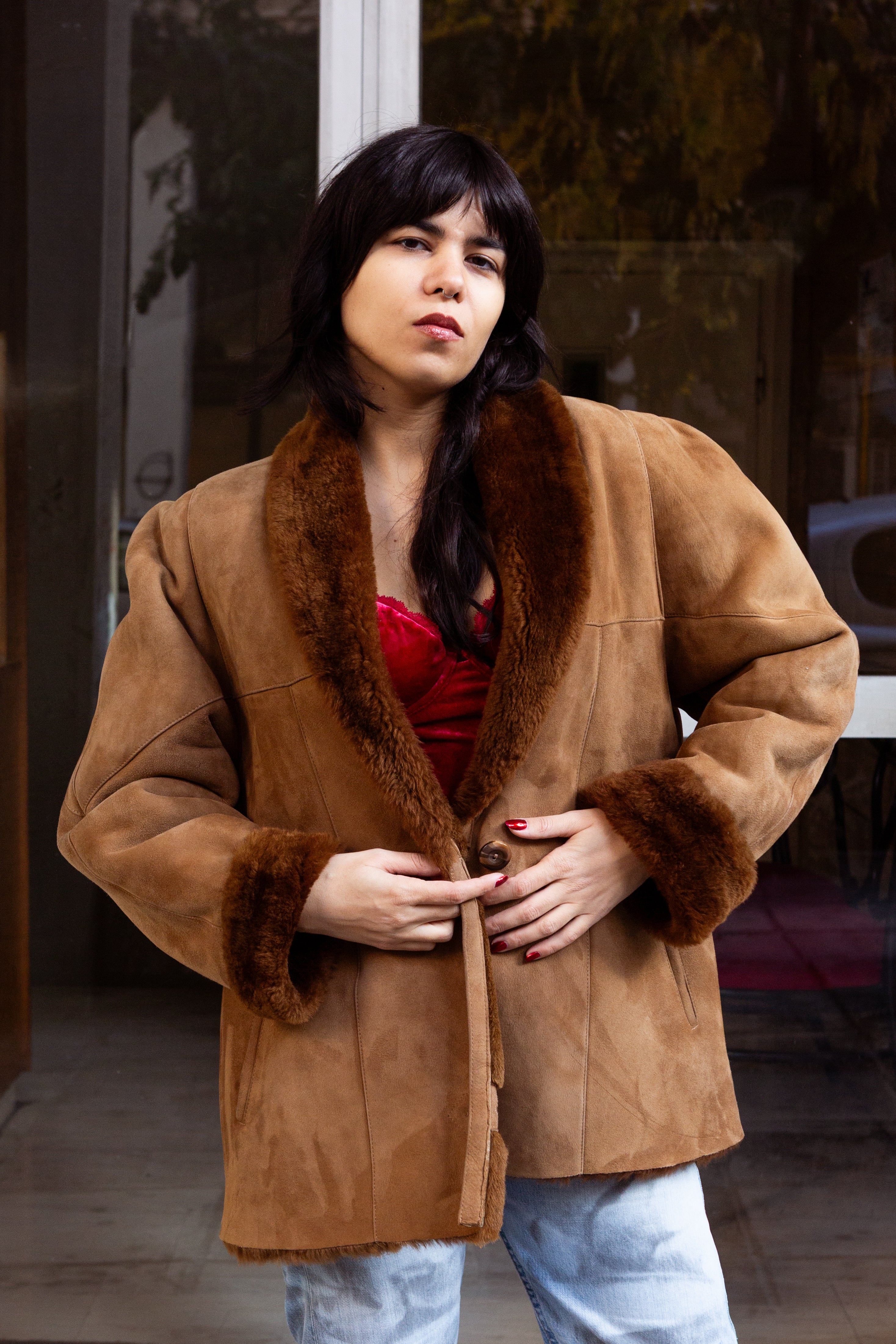 Vintage brown shearling suede jacket (XL)