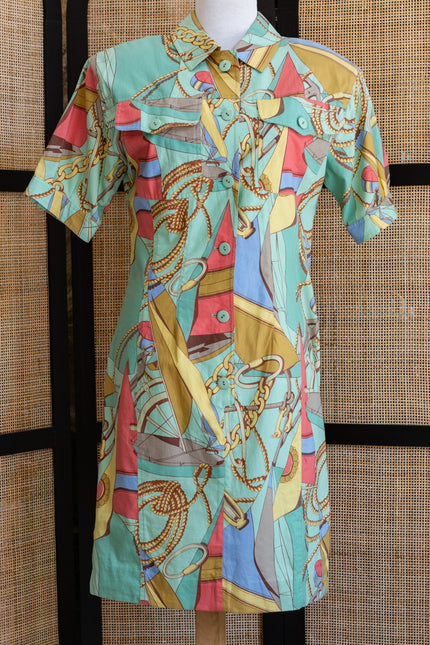 Vintage Nautical Pop Print Shirt Dress – Colorful Rope & Sailboat Pattern