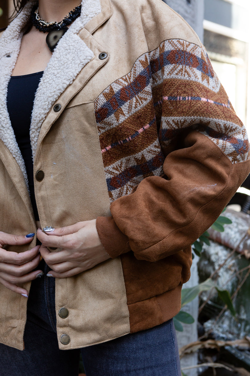 Vintage 1980s Shearling-Lined Aztec Print Jacket