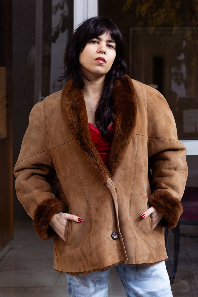 Vintage brown shearling suede jacket (XL)