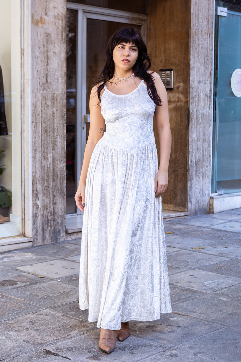 Vintage maxi 80s style white velvet dress (S/L)
