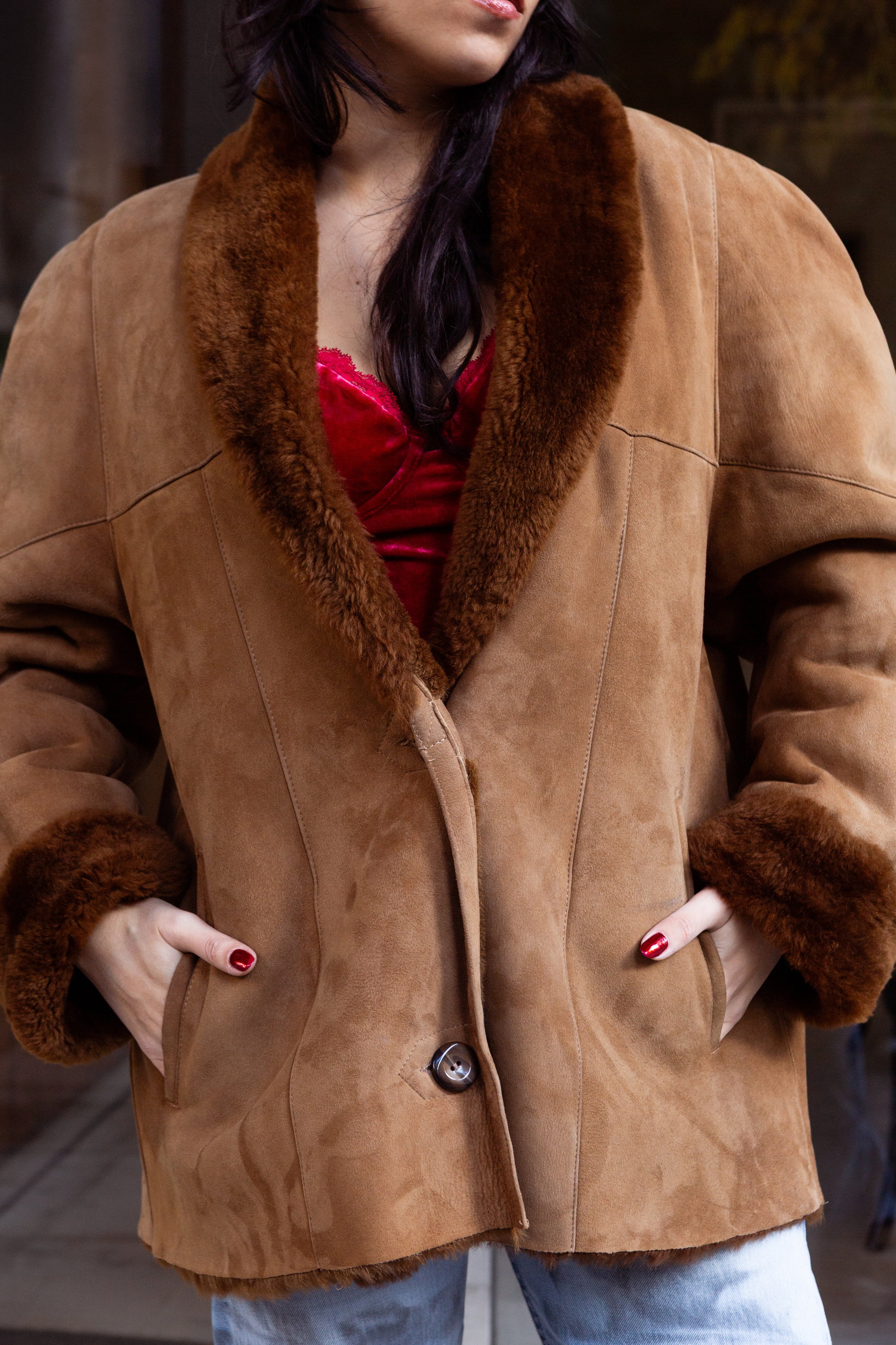 Vintage brown shearling suede jacket (XL)