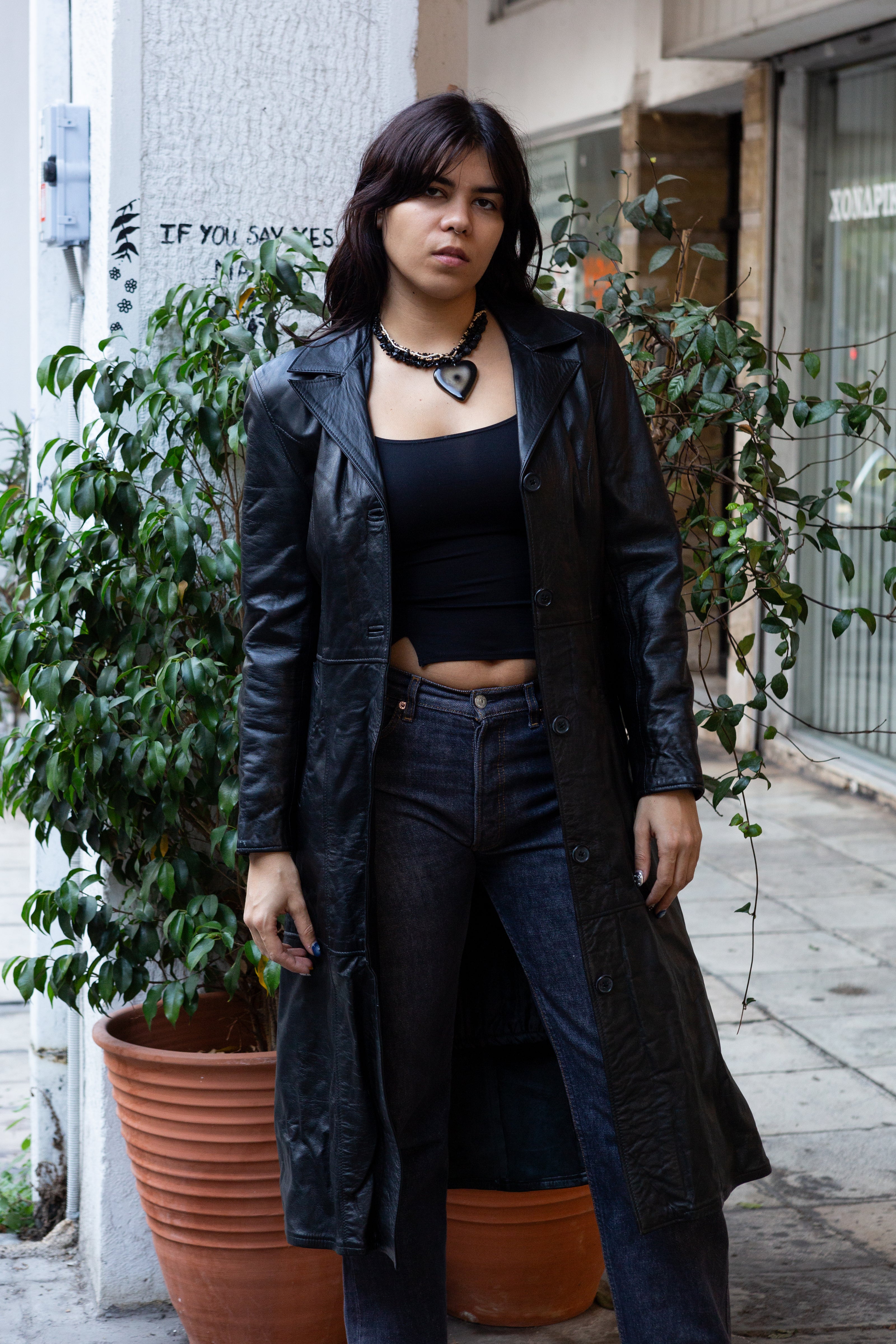 Vintage maxi black genuine leather jacker (S)