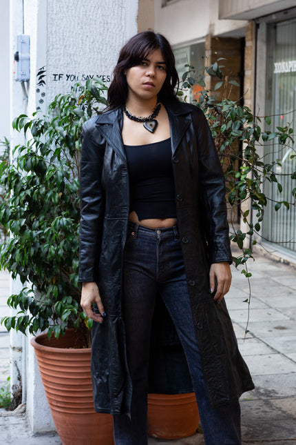 Vintage maxi black genuine leather jacker (S)