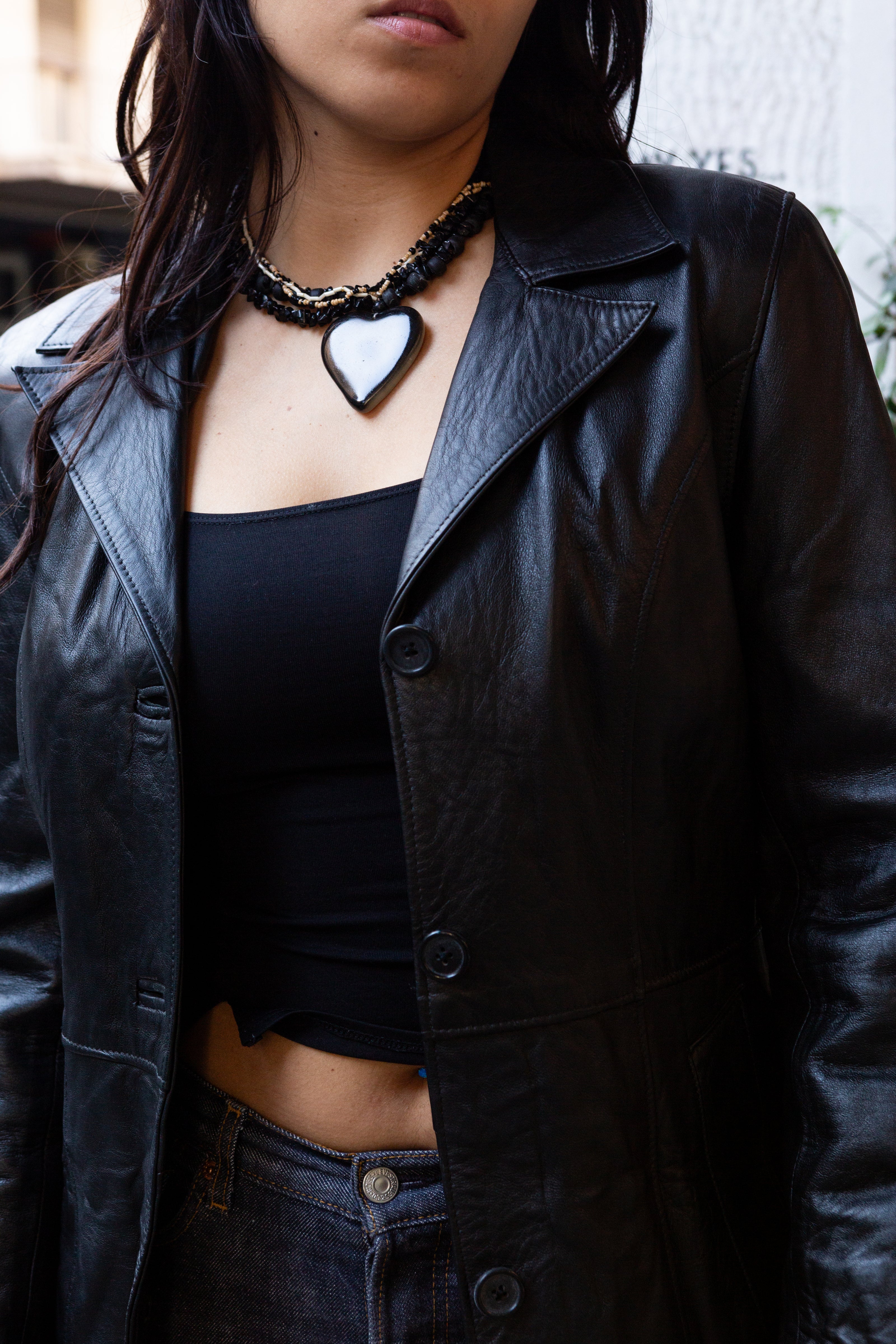 Vintage maxi black genuine leather jacker (S)