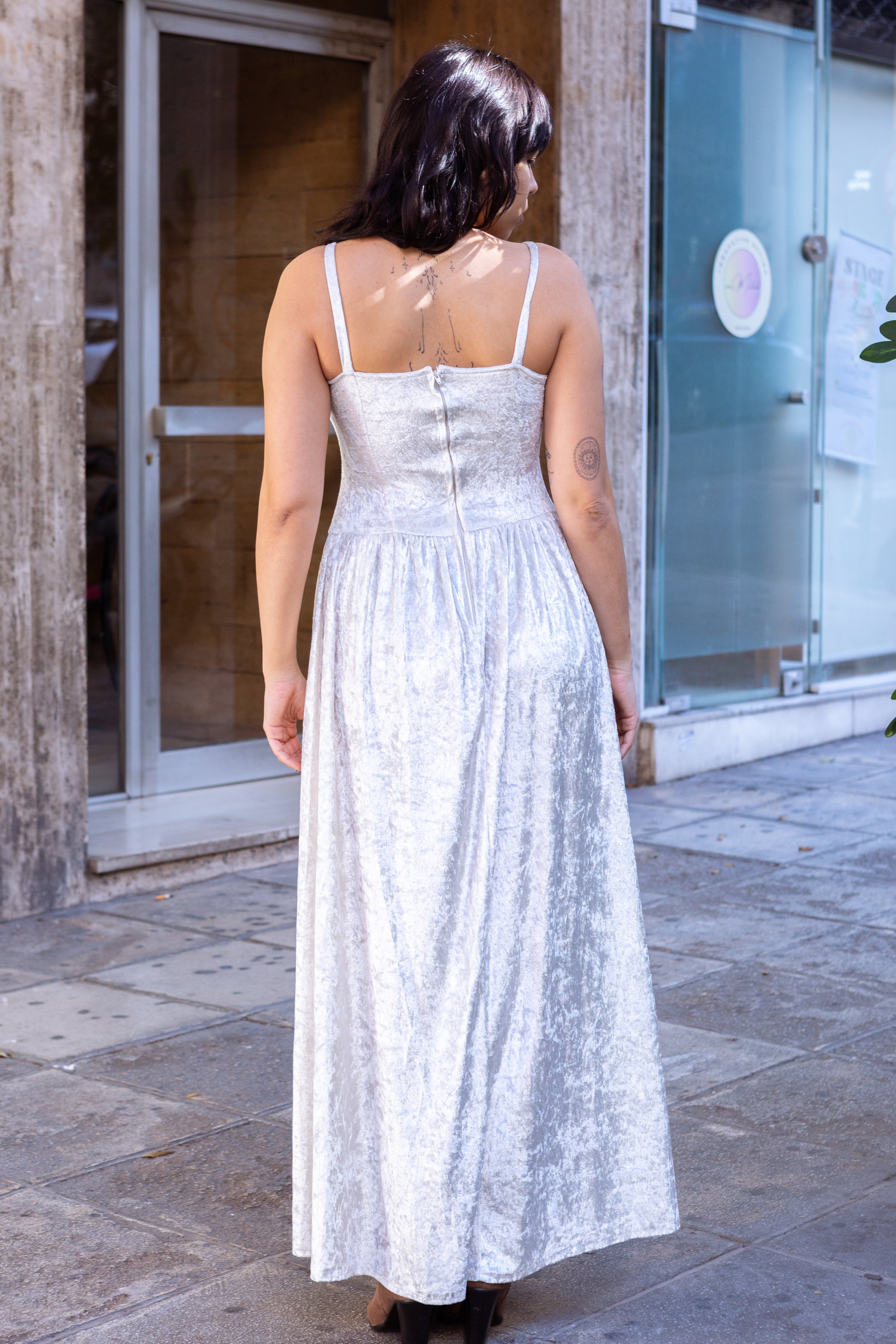 Vintage maxi 80s style white velvet dress (S/L)