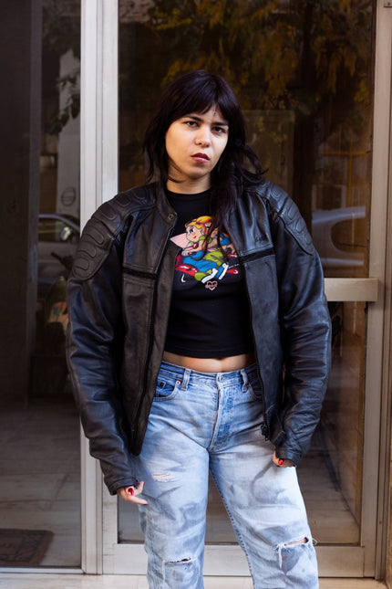 Women’s Black Leather Motorcycle Jacket – Zip Front (M)