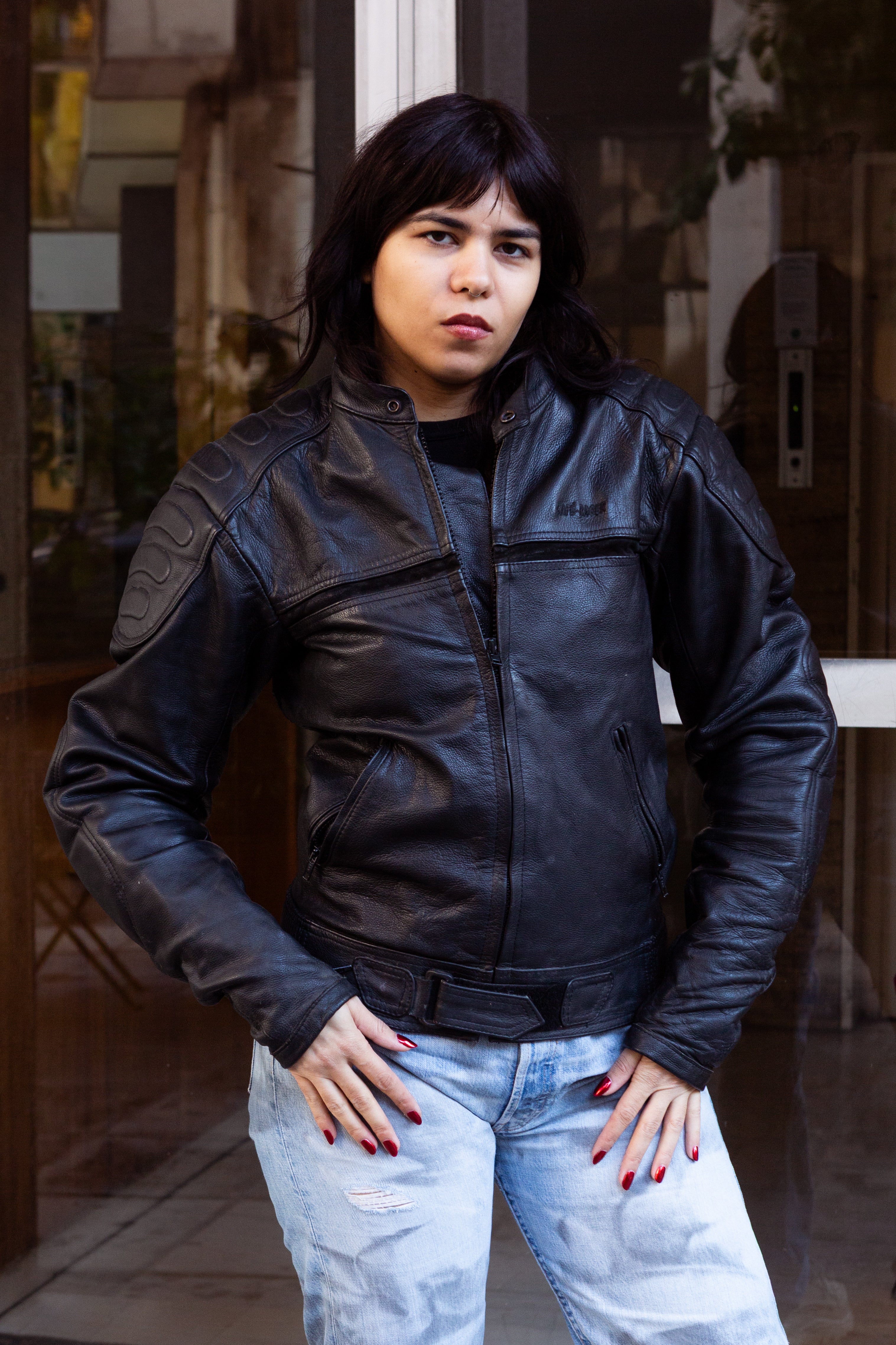 Women’s Black Leather Motorcycle Jacket – Zip Front (M)