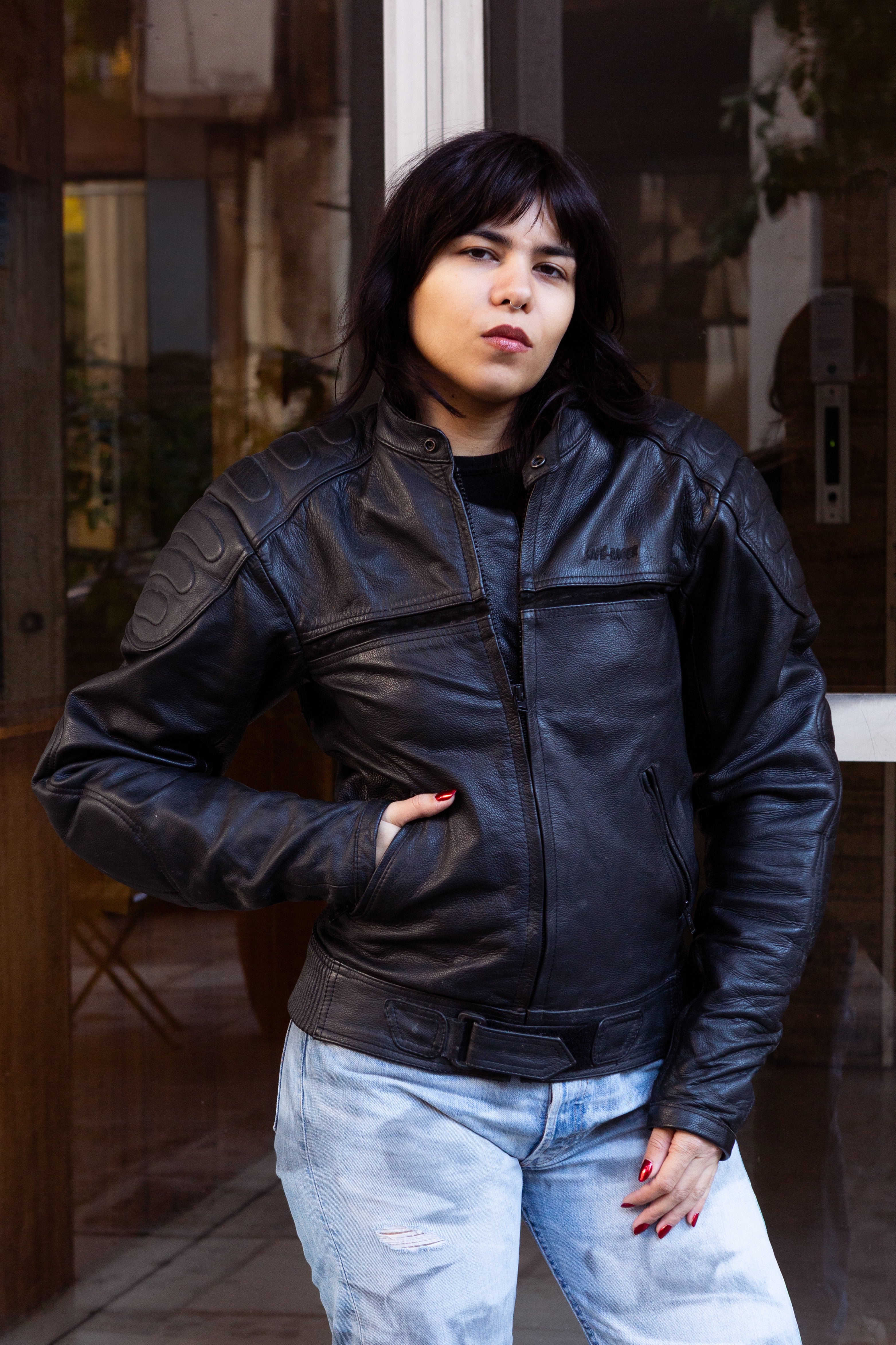 Women’s Black Leather Motorcycle Jacket – Zip Front (M)