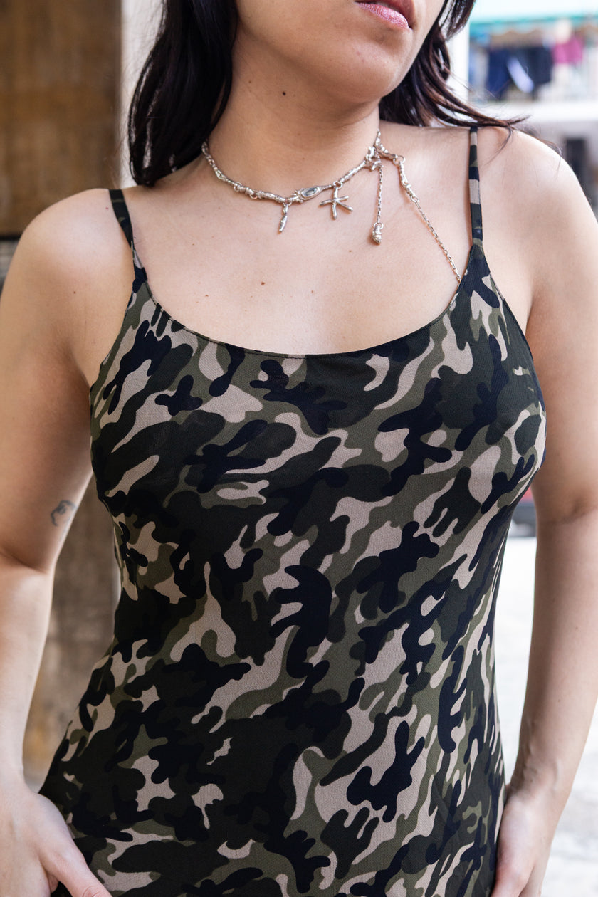 Vintage camo print slip dress (S)