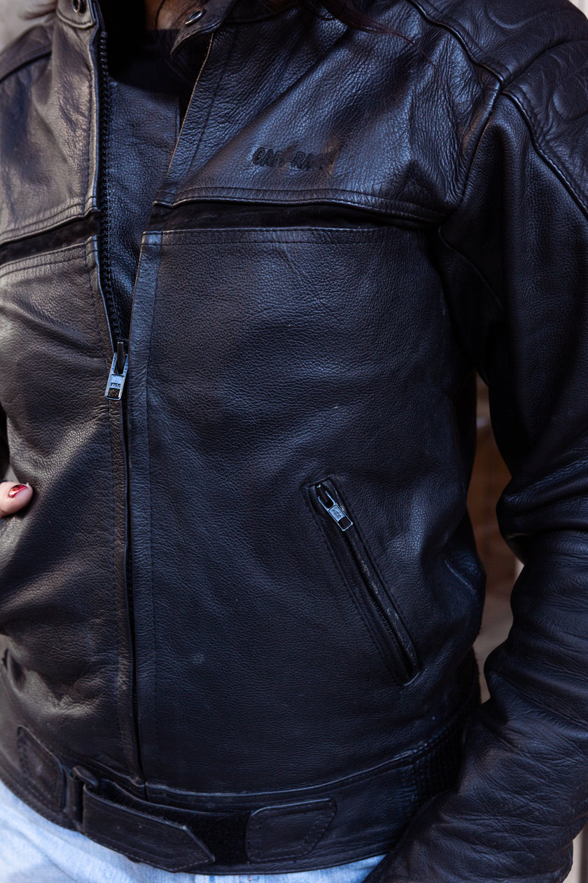 Women’s Black Leather Motorcycle Jacket – Zip Front (M)