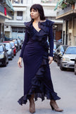 Unique navy ruffle-front maxi dress with deep v neckline (L/XL)