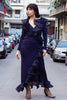 Unique navy ruffle-front maxi dress with deep v neckline (L/XL)