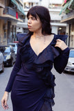 Unique navy ruffle-front maxi dress with deep v neckline (L/XL)