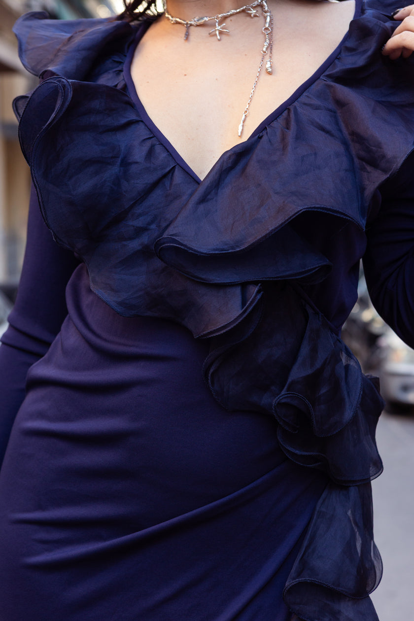 Unique navy ruffle-front maxi dress with deep v neckline (L/XL)
