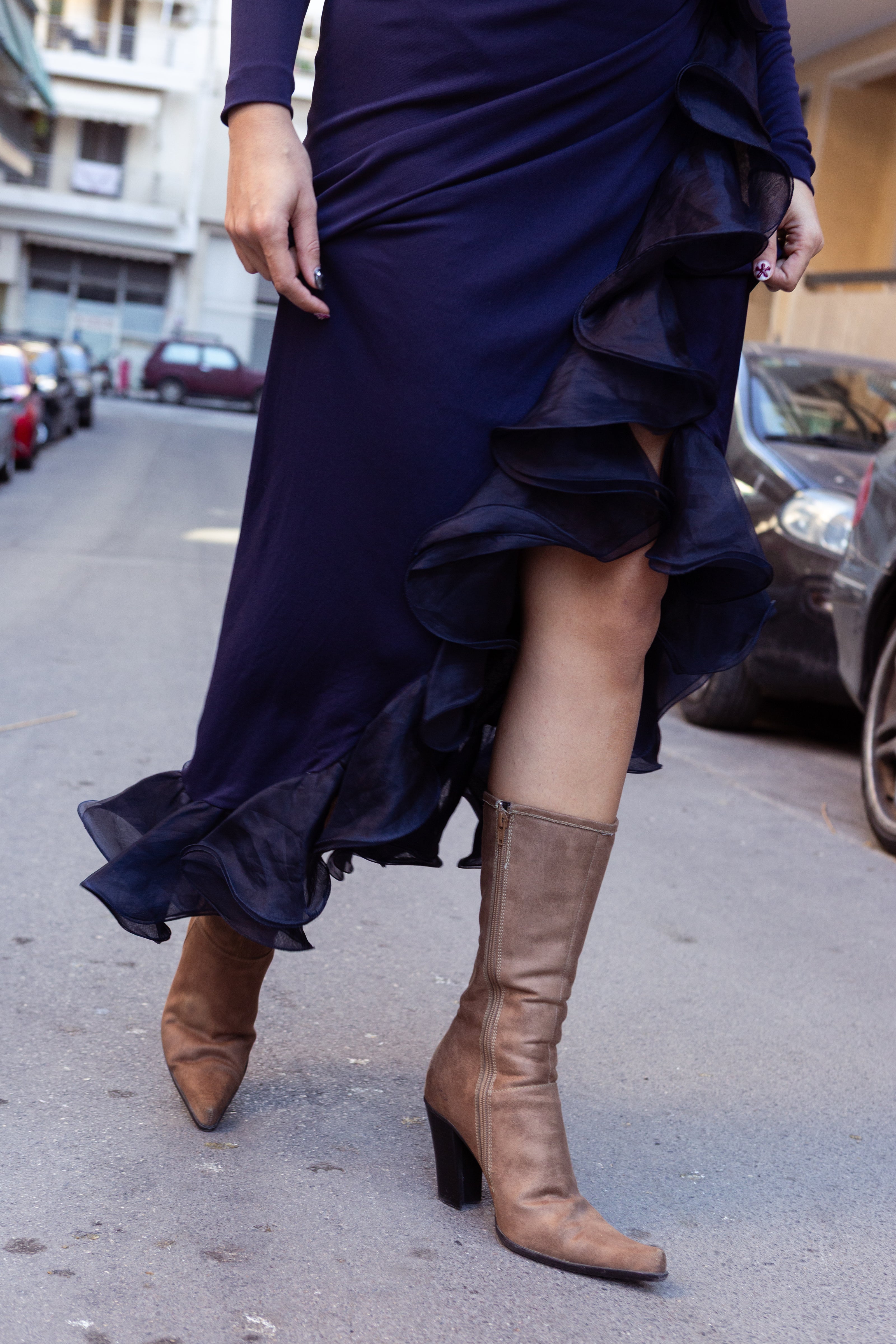Unique navy ruffle-front maxi dress with deep v neckline (L/XL)